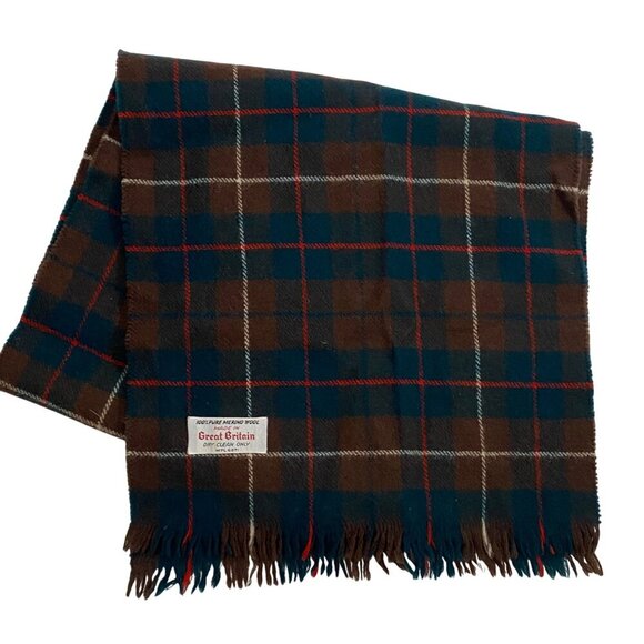 100% Pure Merino Wool tartan Plaid Scarf Made In Great Britain brown green red - Picture 1 of 4